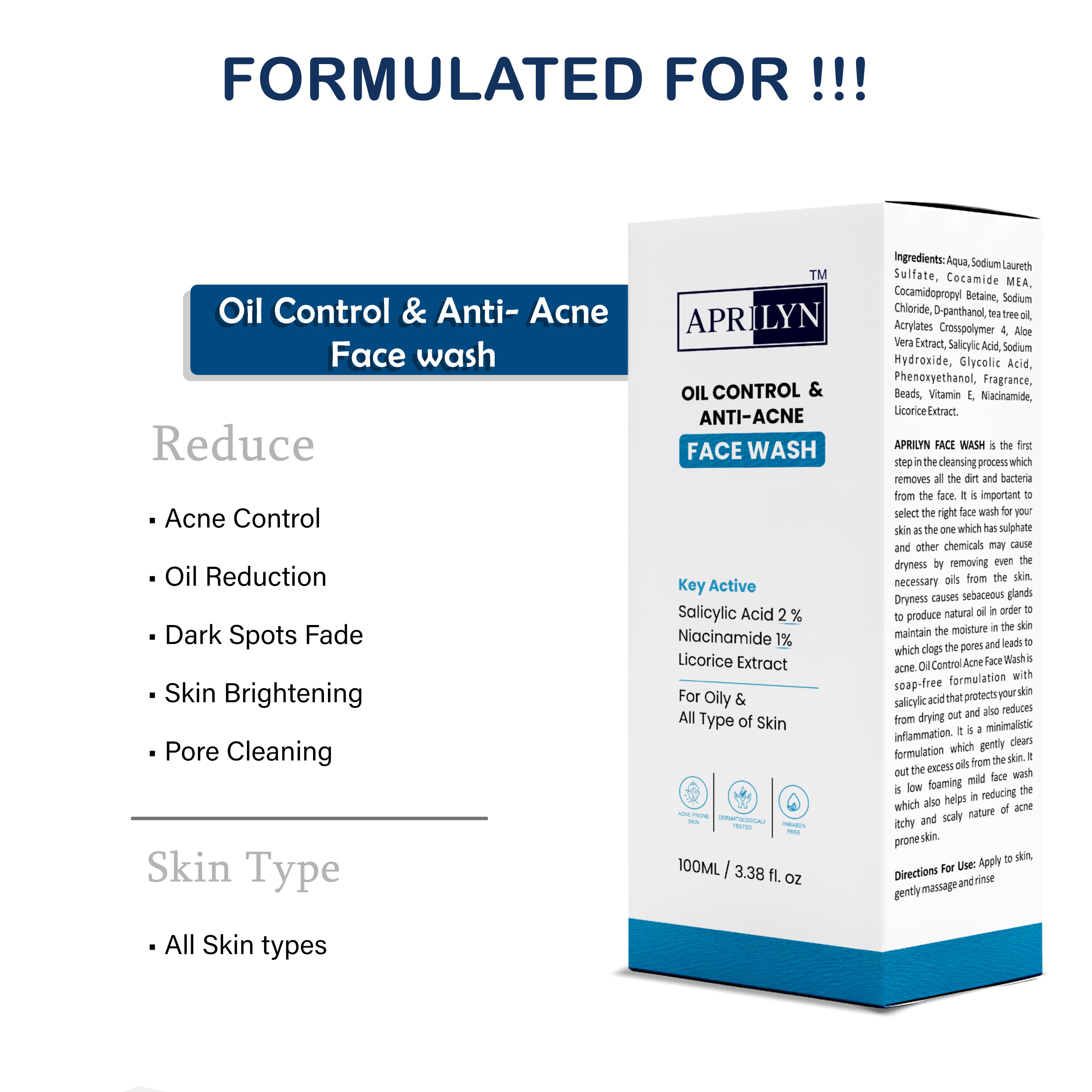 Oil & Acne Control Face Wash with 2% Salicylic Acid | Deep Cleansing Formula for Oily & Acne Prone Skin – 100ml